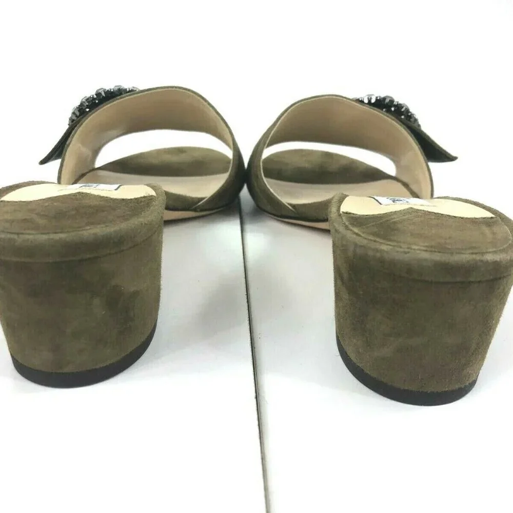 Jimmy Choo $700 Granger 35 Embellished Suede Sandals Green Brown 40